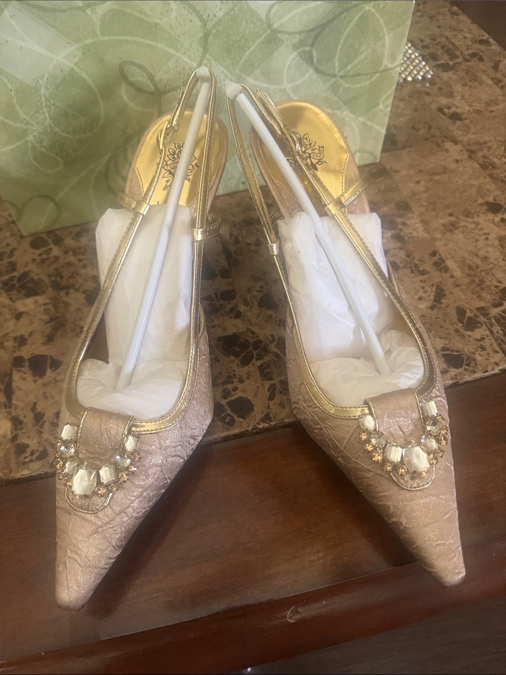 bebe Gold Jeweled Pointed Toe Slingback Heels